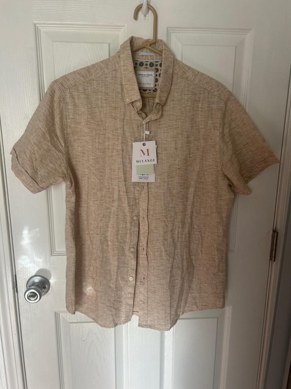 Denim & Flower Men’s Short-Sleeve Button-Down Shirt in Light Beige Heather